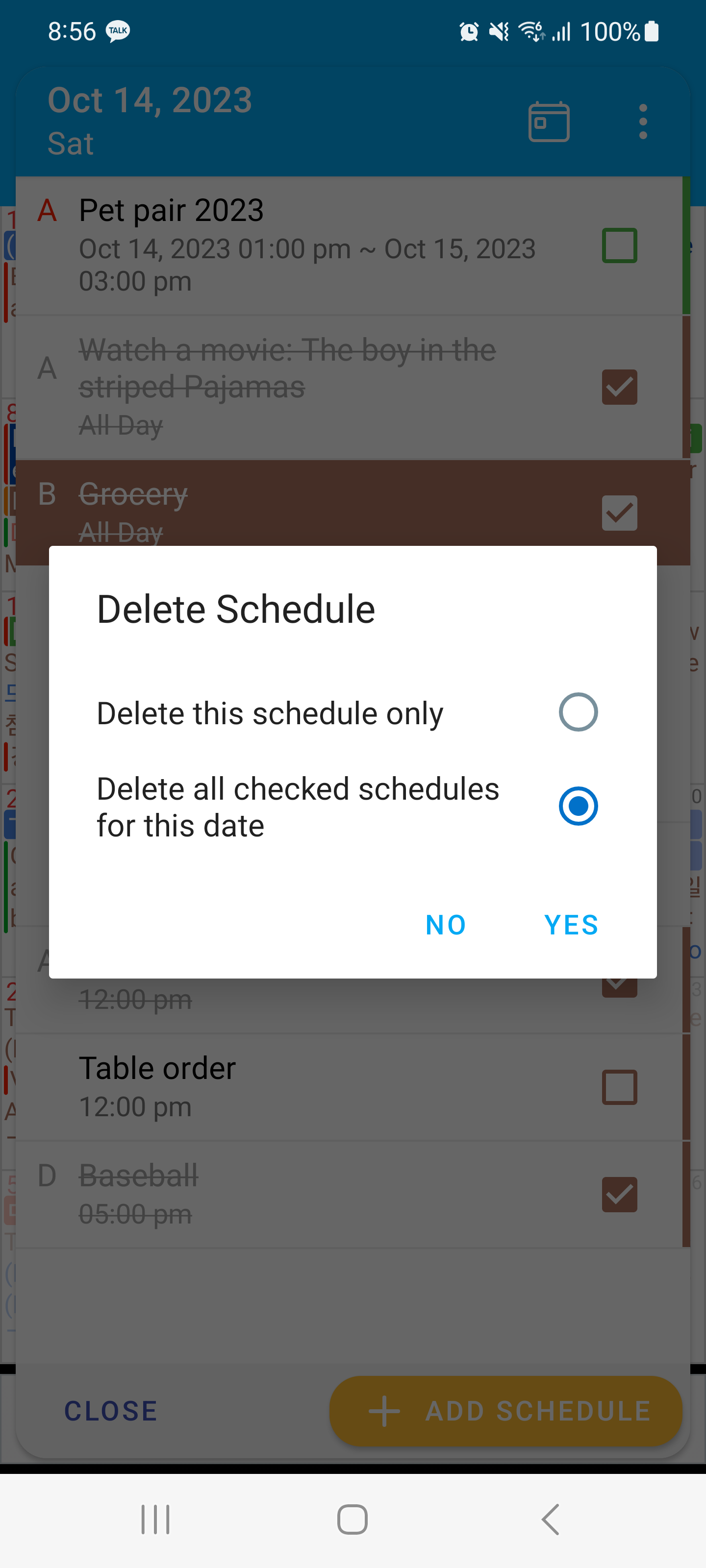 Deleting completed schedules together in AA Calendar